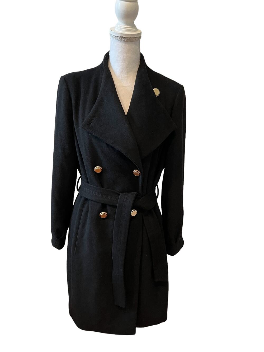 Karl Lagerfeld Paris Feminine Belted Wool Longline Pea Coat Black M